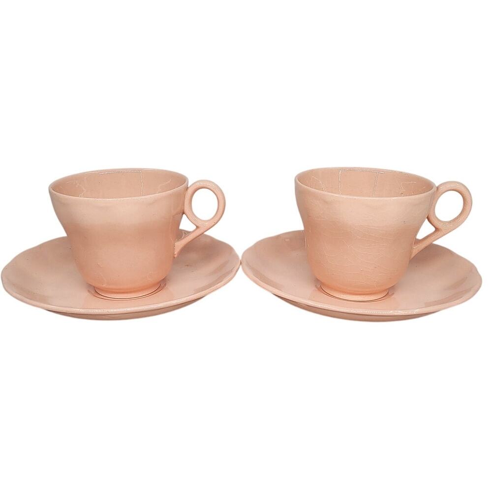 Grindley Peach‎ Petal Pink Teacups Saucers Set of 2 Vintage Wavy Rim China 2-5